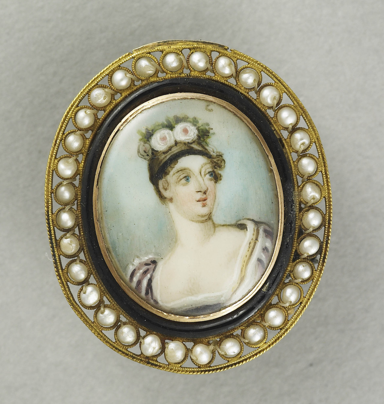 Gold, pearl and enamel brooch with watercolor of... - Long Live Royalty