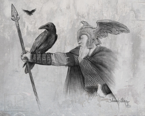 annekelleyart: Odin with his ravens, Huginn and Muninn.(Drawlloween 2105: Raven)