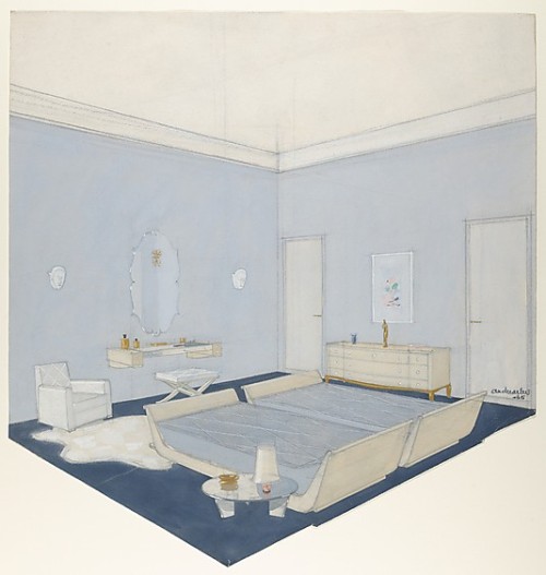 BLUE ENVIRONMENT. DREAM INTERIORS  ANDRE ARBUS, 1935 Design for a bedroom in blue, twin beds, a