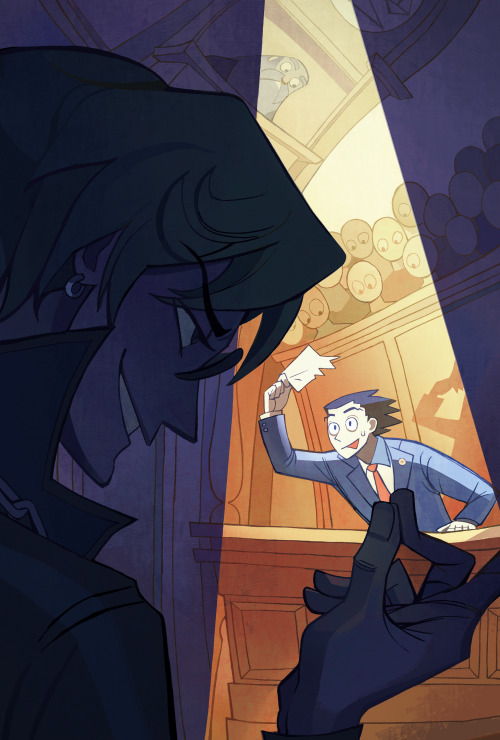 Illustration of Phoenix Wright in court under a spotlight. He is in the middle of presenting a piece of paper as evidence and looks very nervous. In the foreground a young Klavier is smiling as everything goes as planned. The judge and gallery are all staring at Phoenix.