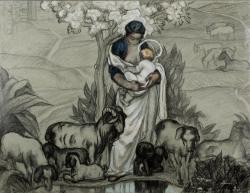 amare-habeo:    Augustin Ferrando (French, 1880 - 1957)  Motherhood with goat (Virgin and Child under the almond tree in blossom); 1920 Charcoal, pastel and white chalk 