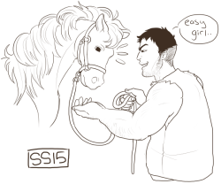 sprinkledsin:  A continuation of this which is an equine tadomaki au where Tadokoro is a stable boy. He grew up wanting to be a jockey BC WOW SO FAST but he turned out WAY too big so he settled for being a stable boy/horse trainerMaki lovingly admires