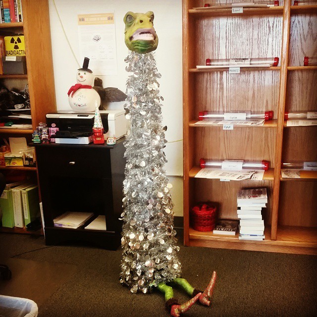 Office Christmas tree is up! #Christmas #kindof #justanitherdayattheoffice #dinosaur #mutant #festivusmeetchristmas