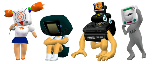 xsega-corex:
“3D models of the 4 characters (Dreamcasko, Gear-man, Megadora-niisan, Sata-rou) of the “Sega Games Are The Best In The World” comic strip. Accessible from the “Exciting SEGA World Set machines” found in Yokosuka in the game Shenmue for...