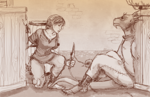 the-sweetroll-thief: “What should I draw?”“A daring rescue!”Done in 2-3 hours. If any of you can come up with an interesting narrative for this beyond ‘a daring rescue,’ I’d love to hear it.