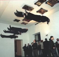 free-parking:  IRWIN, IRWIN Live, 1996/1998 exhibitions in Atlanta and Warsaw  IRWIN Live consists of paintings from the “Was ist Kunst” series installed on the ceiling with the Irwin members suspended below them so as to appear standing as spectators