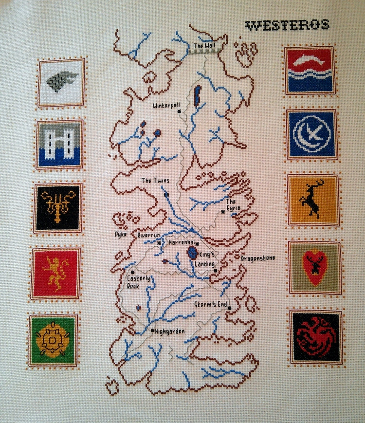 gameofthrones-fanart: Awesome Cross Stitched Map of Westeros with House Sigils by