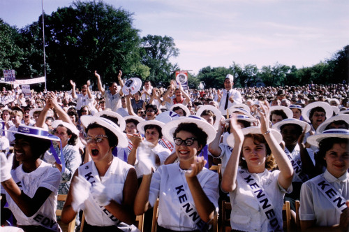 USA. 1960. John F. Kennedy supporters at a campaign event.