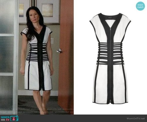 wornontv:Joan’s black and white dress on Elementary:Striped Cotton-blend Dress by Narciso Rodriguez 