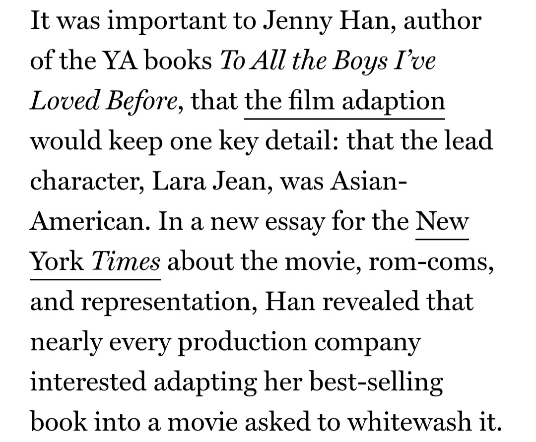 ourqueenfelinefatale:  afronerdism:   amlhrs:   Update: From Jenny Han’s Opinion piece on New York Times   You get em    If race didn’t “matter”, why were they so quick to wanna change it?????? 