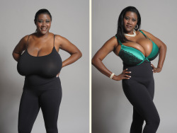 funbaggery:  Kerisha 36NNN breasts (reduced). Woman with the largest known natural breasts in Texas had 10 pounds removed from each. The top photo she’s pictured bra-less and in a 36NNN custom harness obviously too small for her.