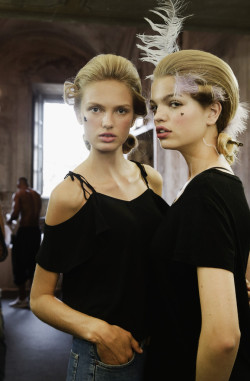 runwayandbeauty:  Romee Strijd &amp; Daphne Groeneveld - Backstage at Moschino Spring 2016 Menswear.