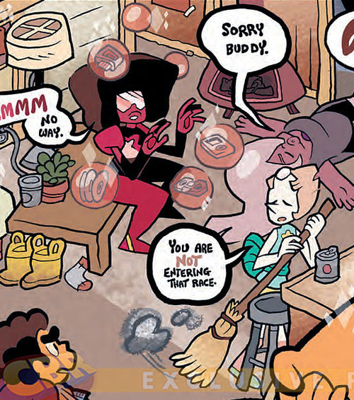 WAIT wait also this panel   at first I thought Pearl was just sweeping and I was like “that’s cute” but then I noticed that Garnet has stuff bubbled and up in the air. Because they’re all cleaning the room and she’s moving