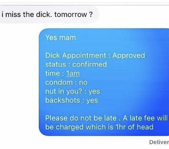 dicklips69:  mr-onyxx:  Don’t be late 😊😊   EXACTLY!!!!! I LOVE HAVING DICK APPOINTMENTS 🍆🍆🍆🍆🍆