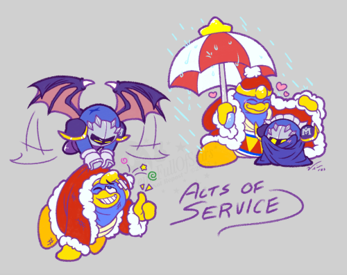 [Acts of Service] LEFT: Meta Knight flying and carrying a lightly-injured Dedede (presumably from a fight or some other incident), the king hanging mostly limp in his grip, glancing up with a chagrined smile and giving a thumbs-up in thanks, the knight glaring down at him in mild annoyance as he flies. RIGHT: Dedede and Meta Knight in the rain, the king holding a large parasol over himself and holding open one side of his cape to shield the knight at his side, smiling as MK glances up at him curiously from within his curled-up cape.