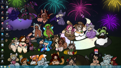 tehbuttercookie:  So here is my desktop 8D Recently had put up my July 4th theme wallpaper I made last year xD &lt;3 All our OC bbys from that time.  Desktop meme thing since I got tagged by RMK178 !  