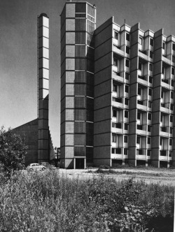 germanpostwarmodern:Thermic Central and Block 2 of the Social Housing Estate „Sint-Maartensdal“ (1960-65) in Leuven, Belgium, by Renaat Braem with Albert Moerkerke &amp; Jan de Mol
