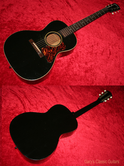  1936 Gibson L-00, Black, Fire Stripe pickguard, Large “V” neck, 14 frets at the body, Original Grover tuners, Lovely instrument, VG++, Original Purple Lined Alligator Soft Shell case, ū,995  