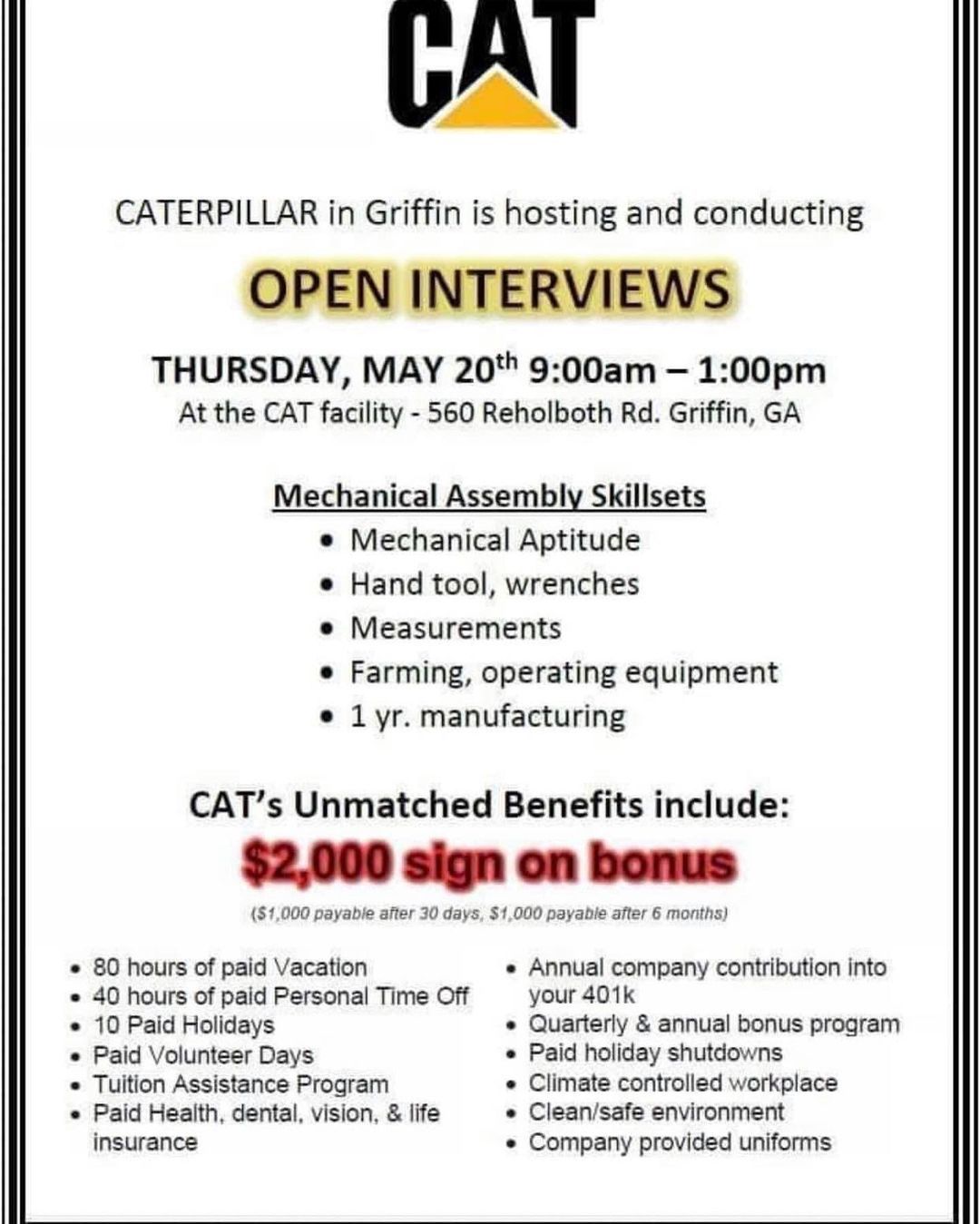 Jobs….Jobs….Jobs with $2000 signing bonus! #jobs #Benefits #atlantajobs #Griffinga #henrycountyga #stockbridgega #mcdonoughga #georgiajobs #Signingbonus #Cat #catapillar (at Georgia) https://www.instagram.com/p/CPFB9gfhoVu/?utm_medium=tumblr