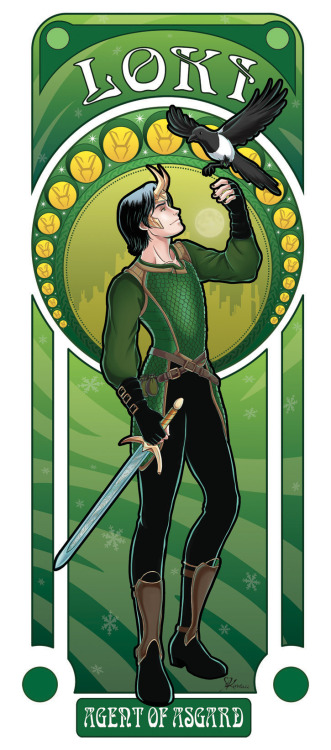 studiokawaii:  Agent of Asgard! Loki art nouveau style. Finished at last! Also Thor, Sif  and M