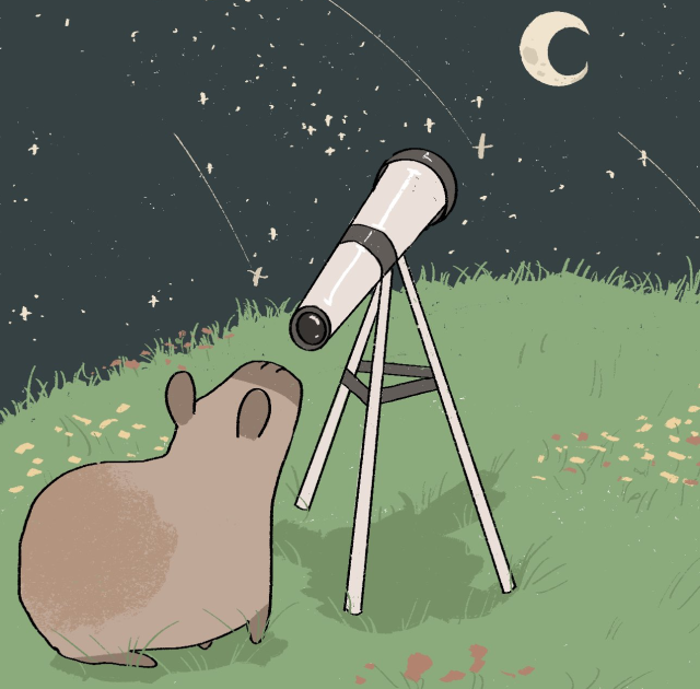 image 1: a cartoon capybara stands on a grassy hill looking through a telescope