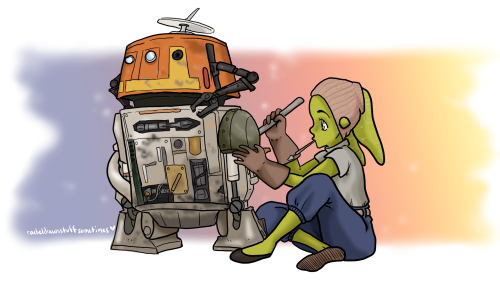 I am seriously obsessed with Hera Syndulla. Here she is as a precious baby fixing a grumpy Chopper.