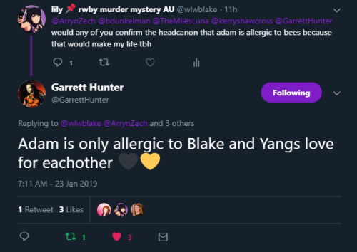rwby-hive:  just-monkeying-around:  arcotta:adam’s voice actor replied to me and gave us another dose of sweet validation  Even after death, Adam keeps validating bumbleby. Garrett Hunter is Arryn and Barb’s first mate.  GARRET. 