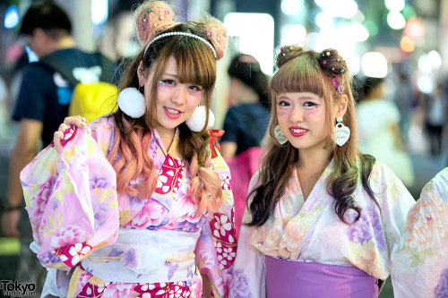 Glitter makeup, cute hairstyles, trendy earrings, and pretty yukata on the street in Harajuku. 100+ 