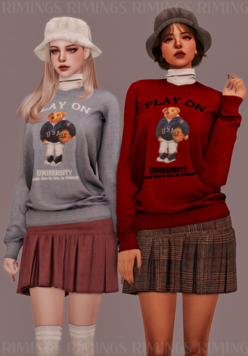 [RIMINGS] Bear Printed Sweatshirt &amp; Short Pleats Skirt - TOP / BOTTOM- NEW MESH- ALL LODS- N