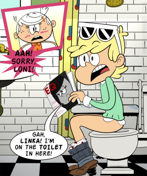 microscribbles:

Leni Loud is an adorable character, so it’s not really surprising that I think her male counterpart, Loni, is pretty adorable as well. Here he is getting embarrassed by Linka after forgetting to lock the bathroom door. She may not be able to see through the toilet, but luckily, we can. 
If you like what I do and would like to make my life a little easier, I now have a Ko-Fi you can donate to: https://ko-fi.com/microscribbles

One of the cutest male designs I’ve seen in a while. This single clip feat. himis making me want to watch the entire show just for an adorable boi that’s only appeared in one episode 