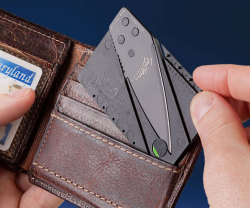 awesomeshityoucanbuy:  Credit Card Sized Folding KnifeArm your wallet with more than just the almighty dollar when you carry around the credit card sized folding knife. This waterproof razor sharp knife fits perfectly in a credit card slot and locks