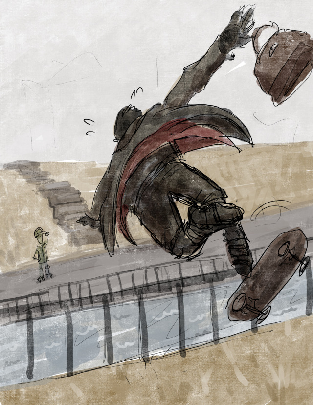 Digital sketch of The Bachelor falling off a skateboard and over the edge of the fence towards the river in Pathologic.