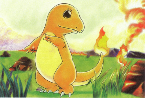 hirespokemon: 1996, Charmander, Charmeleon and Charizard art by Mitsuhiro Arita from the Pokémon Trading Card Game base set. Scanned and enhanced.    Download the Mitsuhiro Arita base set starters here.  