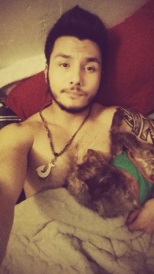 Really long night at work. Finally getting to relax. Clocked in at 3:00PM and clocked out at 1:15AM. Gotta work hard to pay the bills.  What a nice way to relax too; Cocoa laying on daddy&rsquo;s chest and Beast laying on his thigh.