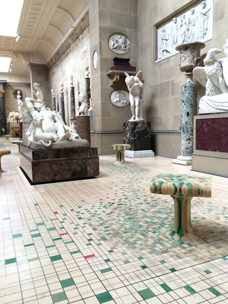 {Floored by this floor (*commence eye roll*). Happy Friday!}Curved wooden benches and stools “