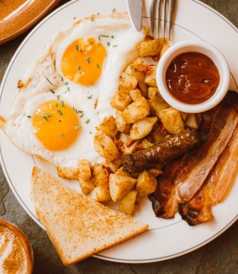 Traditional Breakfast With Fried Eggs, Sausage, Bacon And Home Fries Recipe