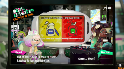 xkuraikibax: Pearl and Marina’s first official Splatfest dialogue Mayo vs Ketchup! what even is splatoon2? lol