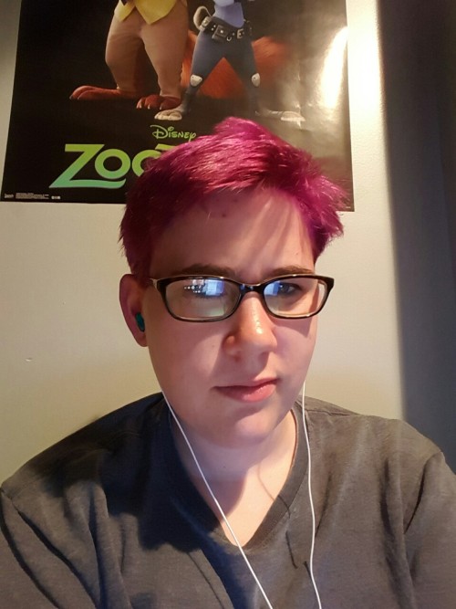 The purple hair for Andy Appreciation Month is back! The first picture was earlier at the library, a