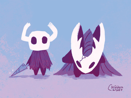 [ID: Hollow Knight fanart. a digital artwork in blue and purple tones depicting Hollow and Knight. H