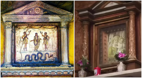 ancientcharm:Lararium of Pompeii, and Street shrine of Naples. The Ancient Rome legacy.Notice: I mad