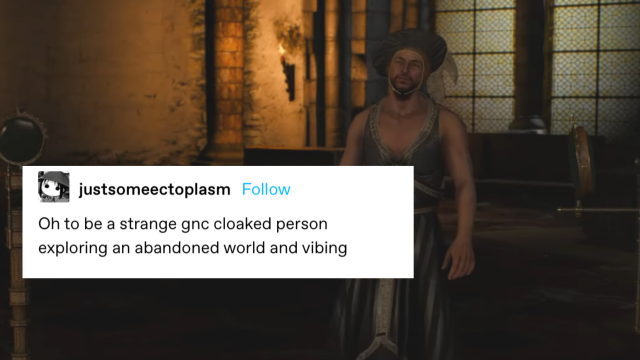 lambert in a grey dress and bonnet with the text post "oh to be a strange cloaked gnc person exploring an abandoned world and vibing" 