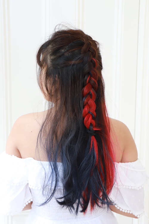 sister’s gorgeous half-blue half-red hair in a half-up half-down dutch braid