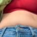 :These are brand new jeans… How is my belly already bulging out of them??? 