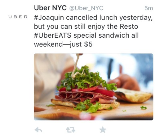 “#Joaquin cancelled lunch yesterday, but …..” Well played, UberEats.