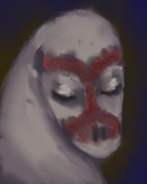 gaeilge: humuncuil le gortu dearg timpeall a aighadh
english: a humunculus with red marks all over its face