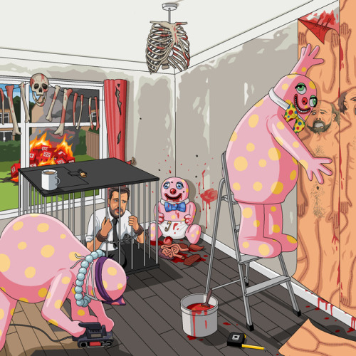 Dear Jim, Please could you paint a pictue of Mr Blobby decorating his new house with his new family 