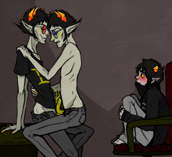 boratoki:    Anonymous asked you:    Ever think of drawing any Sollux on Sollux porn?      Karkat sort of snuck in there too but don’t mind him, he’s just enjoying the view.      