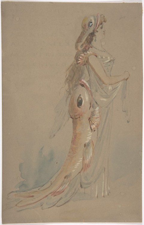 met-drawings-prints:Woman Wearing a Costume Whose Bustle and Headdress are the Shape of Fishes by An