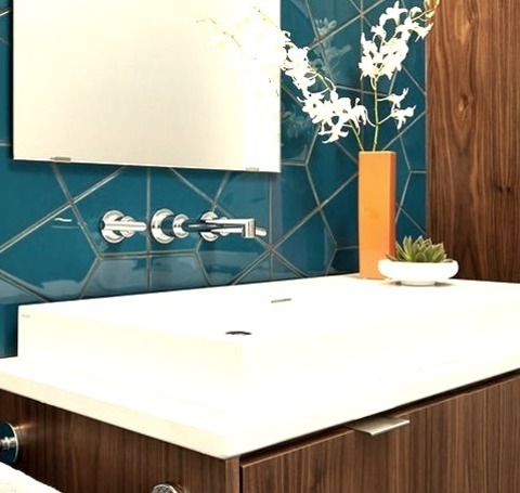 Contemporary Powder Room - Powder RoomExample Of A Trendy Ceramic Tile And Blue Tile Powder Room Design