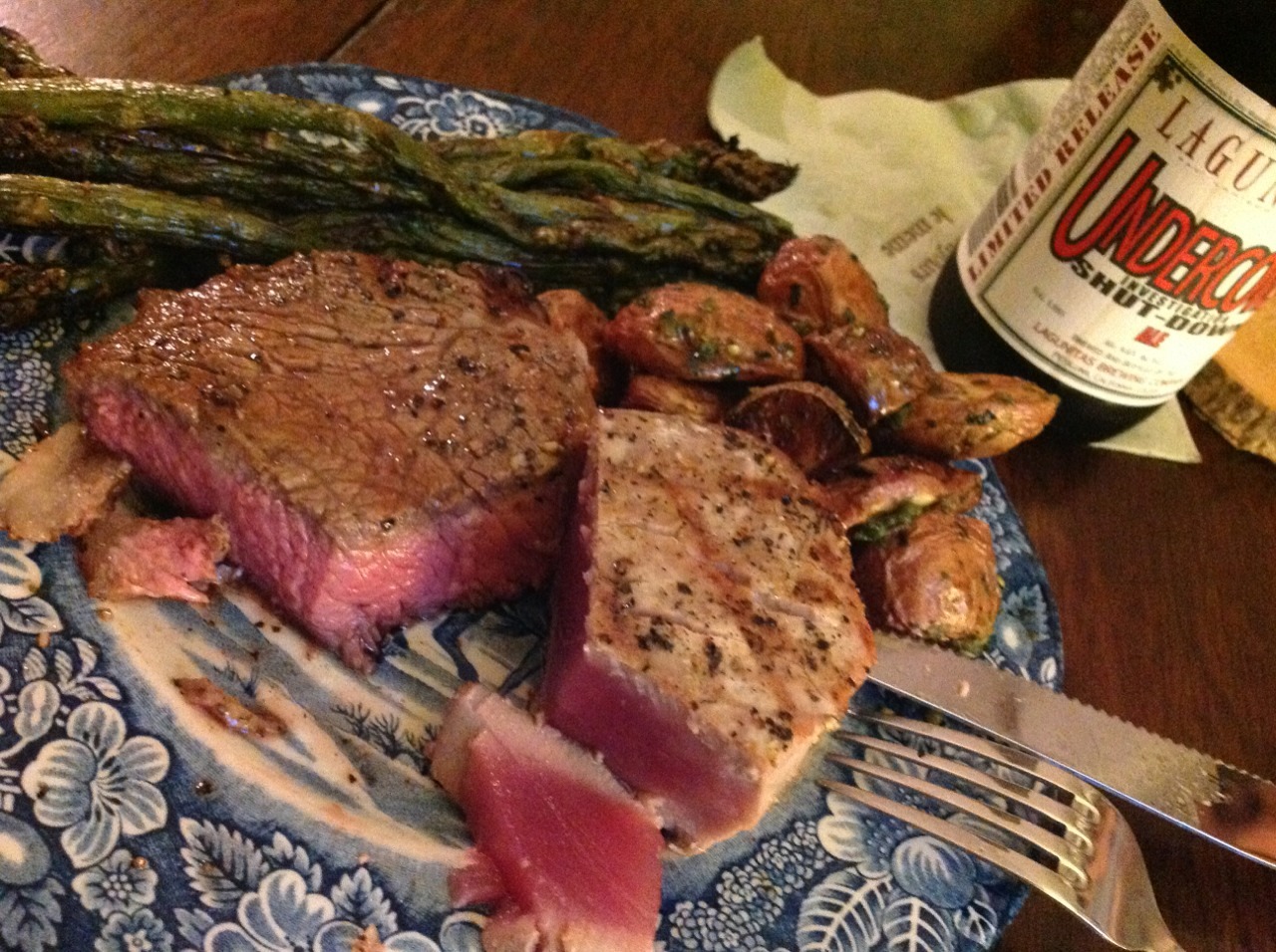 Surf and Turf: Rib Eye and Tuna with Buddha Pesto Potatoes and Grilled Asparagus